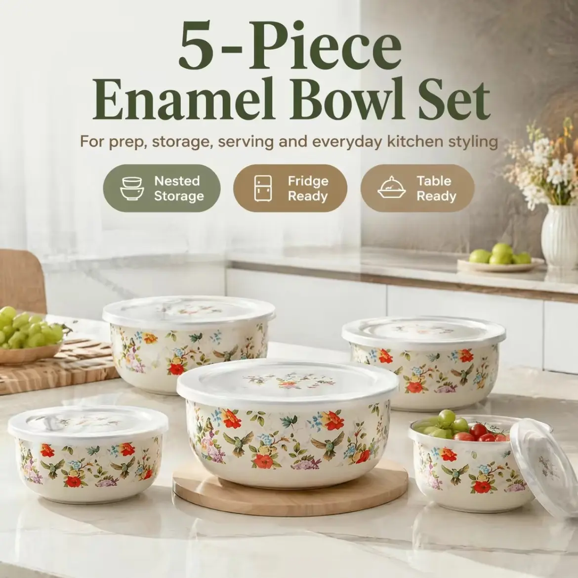 5-Piece Enamel Sealed Meal Prep Set, Durable Leak-Proof Aluminum Stackable Bento Box, Reusable Snack Container, Multi-Functional Kitchenware, Leakproof Kitchen Containers, Food Storage Set, Floral And Bird Design