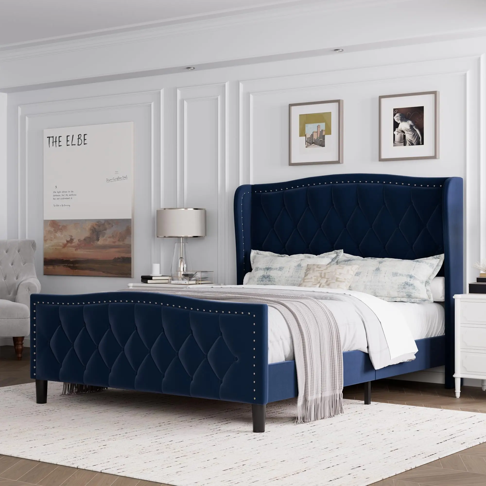 🛏️ Full Size Bed with 4 Storage Drawers & Charging Station – Blue Upholstered Wingback Platform Bed, Noise-Free, Easy Assembly, No Box Spring Needed! ✨