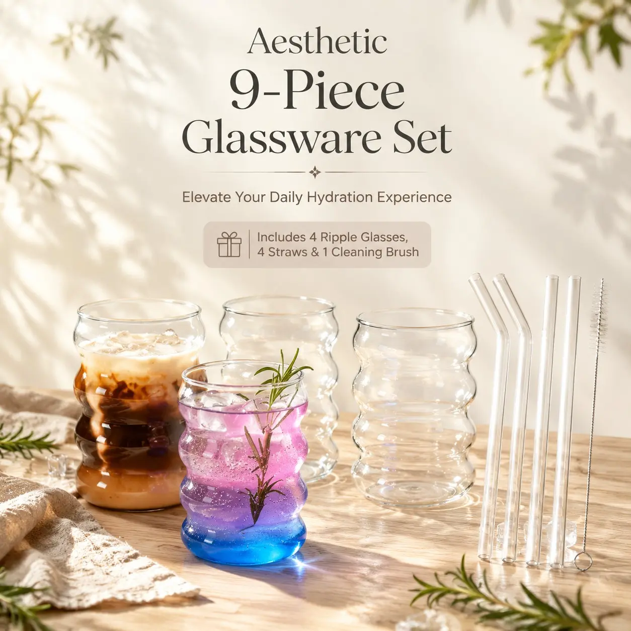 9 Piece Set Thick Transparent Wave Glass Cups, Includes Reusable Glass Straw & Cleaning Brush, Ideal for Homemade Bubble Fruit Tea Ice Drinks