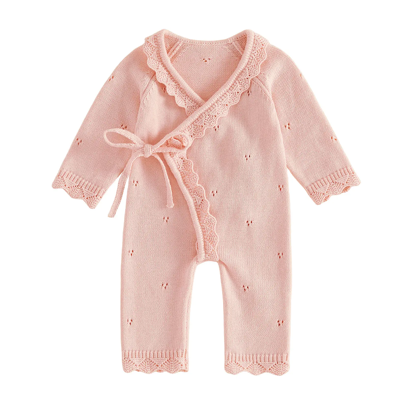 Newborn Baby Girl Knit Warp Romper Lace Trim Kimono Jumpsuit Long Sleeve Tie-Side Onesie Bodysuit Coming Home Outfit Baptism Christening Wear