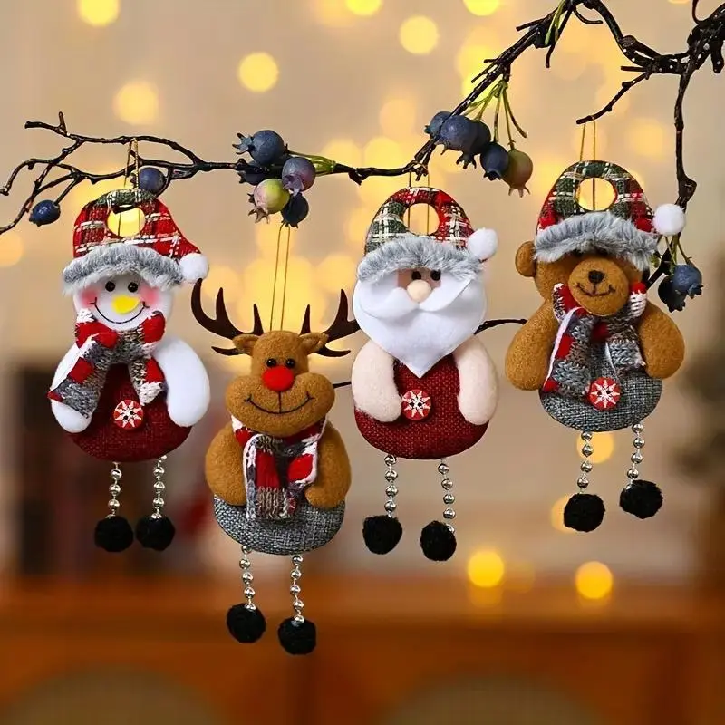 4-Piece Christmas Hanging Pendants Set, Santa Snowman Reindeer Bear Decorations, Tree Home Window Party Holiday Ornaments