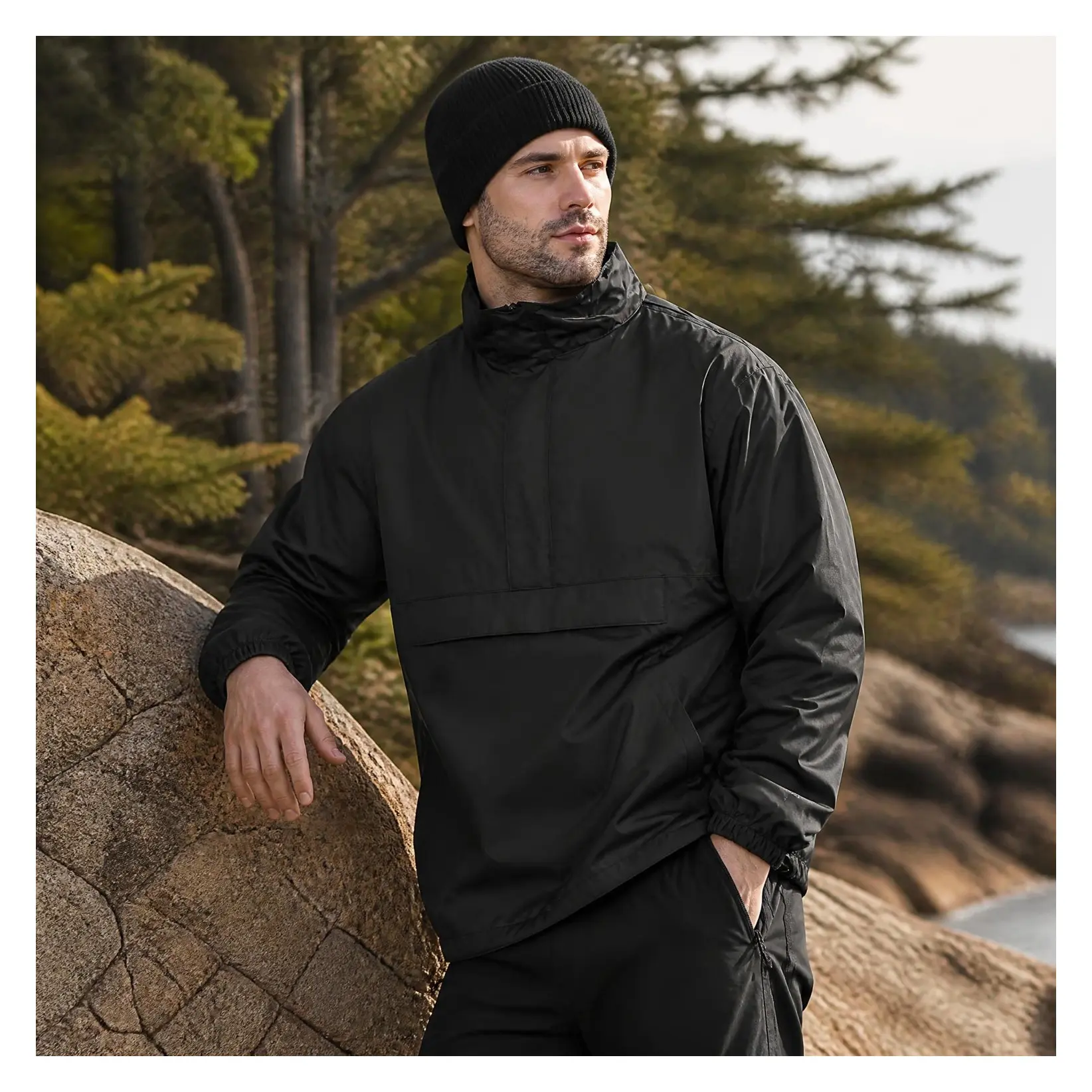 Men's Waterproof Pullover Rain Jacket with Hood, Packable Lightweight Raincoat, Breathable Fully Taped Seams, Windbreaker Windproof, Stowaway Hood, 3 Zipper Pockets for Hiking, Golf, TravelGift