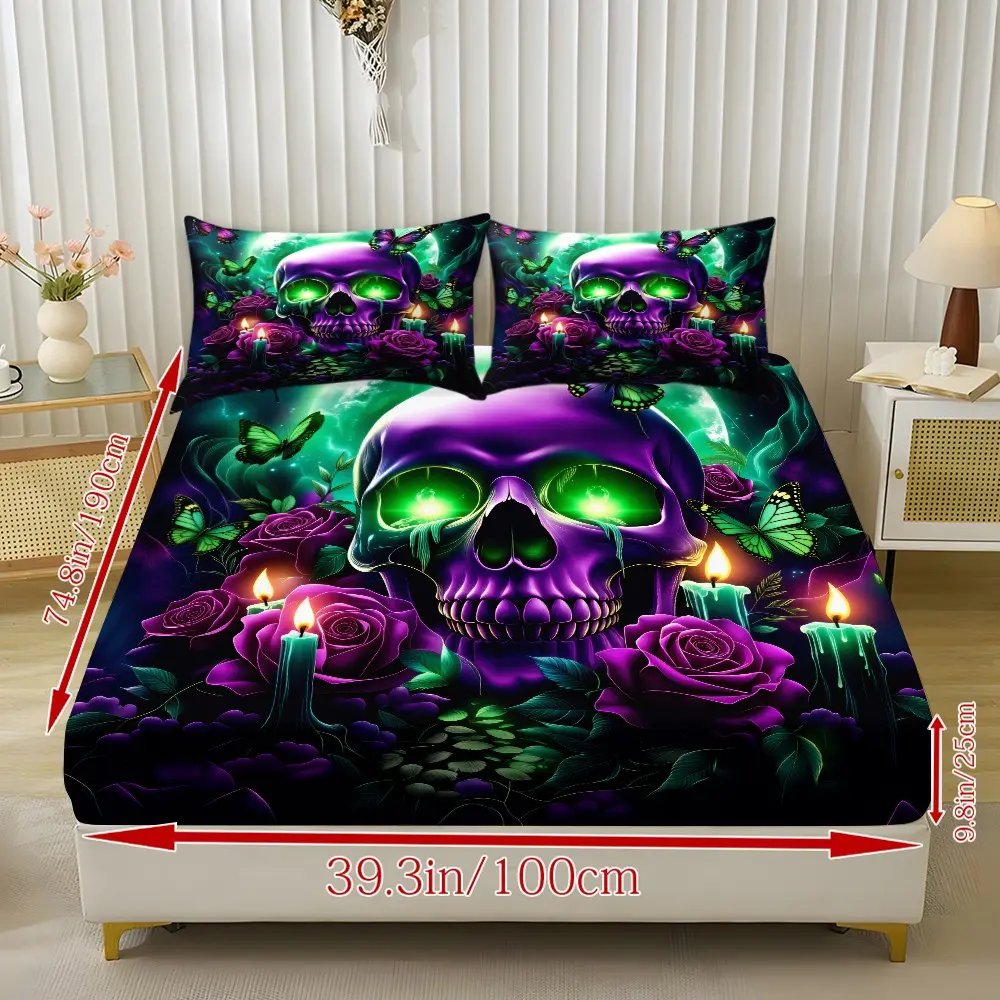 Three-Piece Skull Floral Pattern Bed Sheet Set, Includes 1 Bed Sheet and 2 Pillowcases, High-Definition Print, Ideal for Bedroom or Guest Room