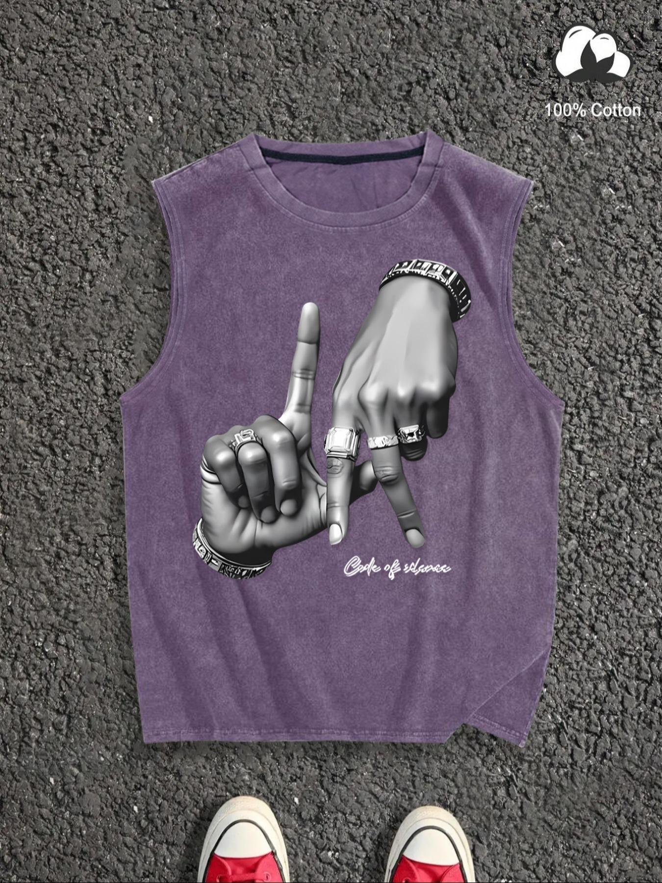 Men's Letter Print Denim-Effect Print Athletic Tank Top, Sleeveless Fitness Tank Tops, Regular Fit Casual Sleeveless Round Neck Top for Summer, Fashion Men's Clothes for Daily Wear, Socks, Cotton