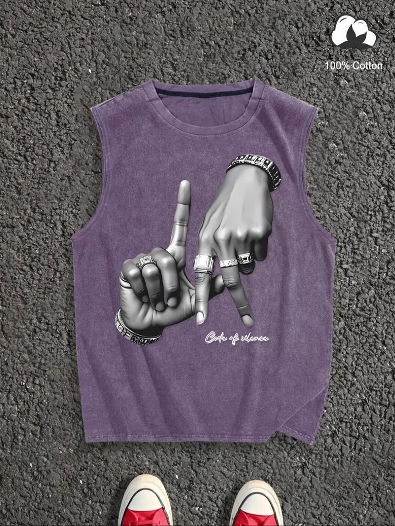 Men's Letter Print Denim-Effect Print Tank Top, Regular Fit Casual Sleeveless Round Neck Top for Summer, Fashion Men's Clothes for Daily Wear, Socks, Cotton, Vest Tank Top