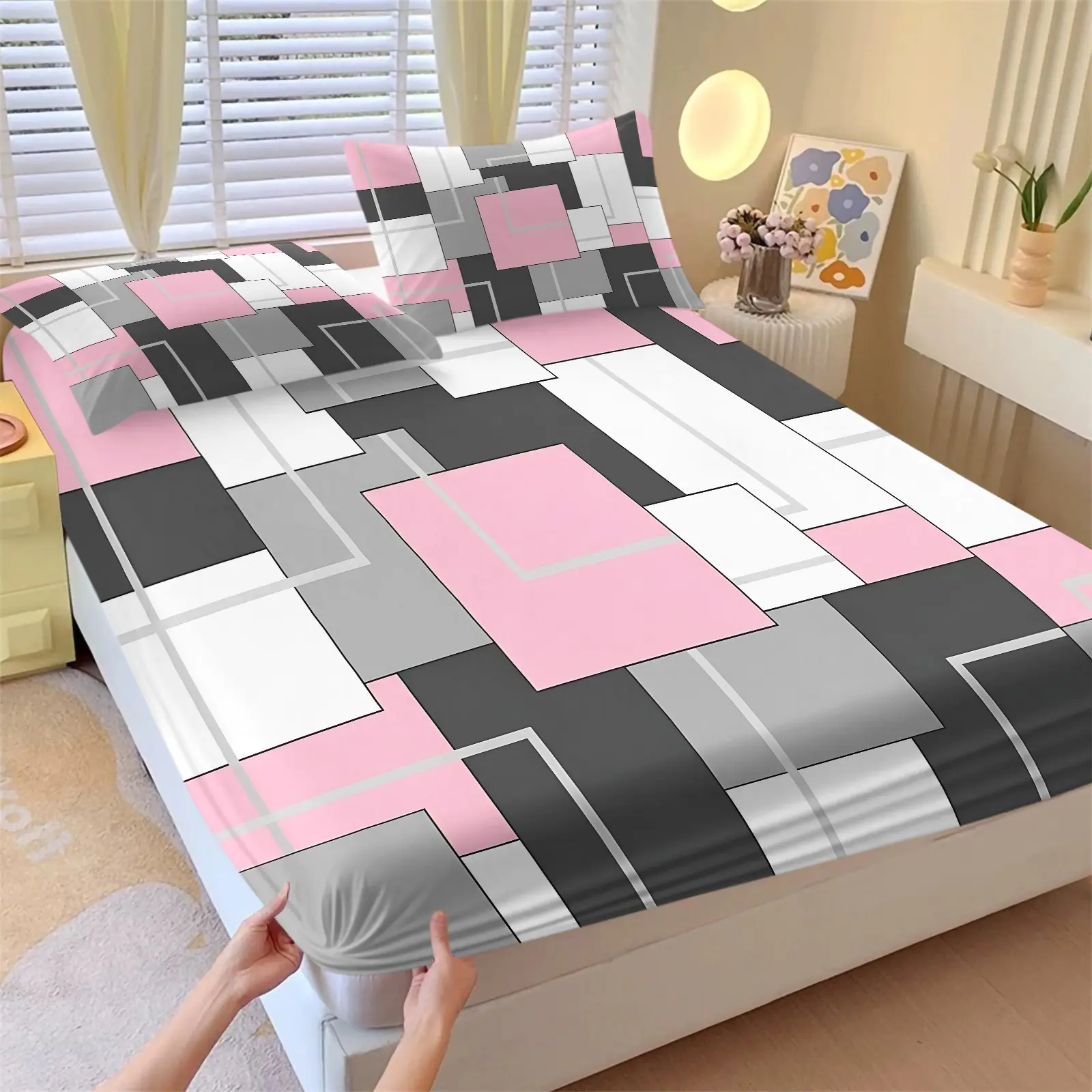 Modern Plaid Sheet Set Geometric Grid Splicing Bed Sheets Set, Pink Black White Sheets Abstract Art Fitted Sheet + 2 Pillowcases - 3 Piece for Boys Girls Teenagers Juveniles, Gift for Modern Home Decor Enthusiast