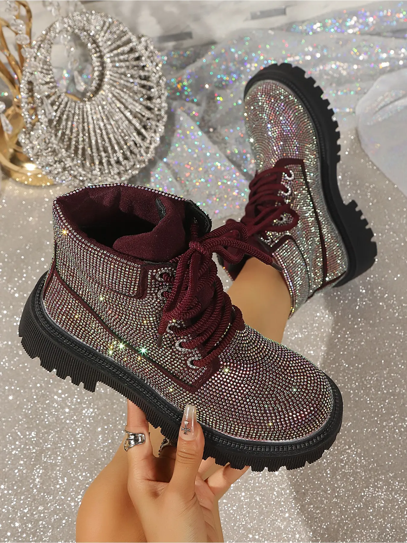 Women's Full Rhinestone Platform Combat Boots, Lace-Up Ankle Booties, Heavy Bling Diamond Chunky Heel Height Increasing British Style Work Boots