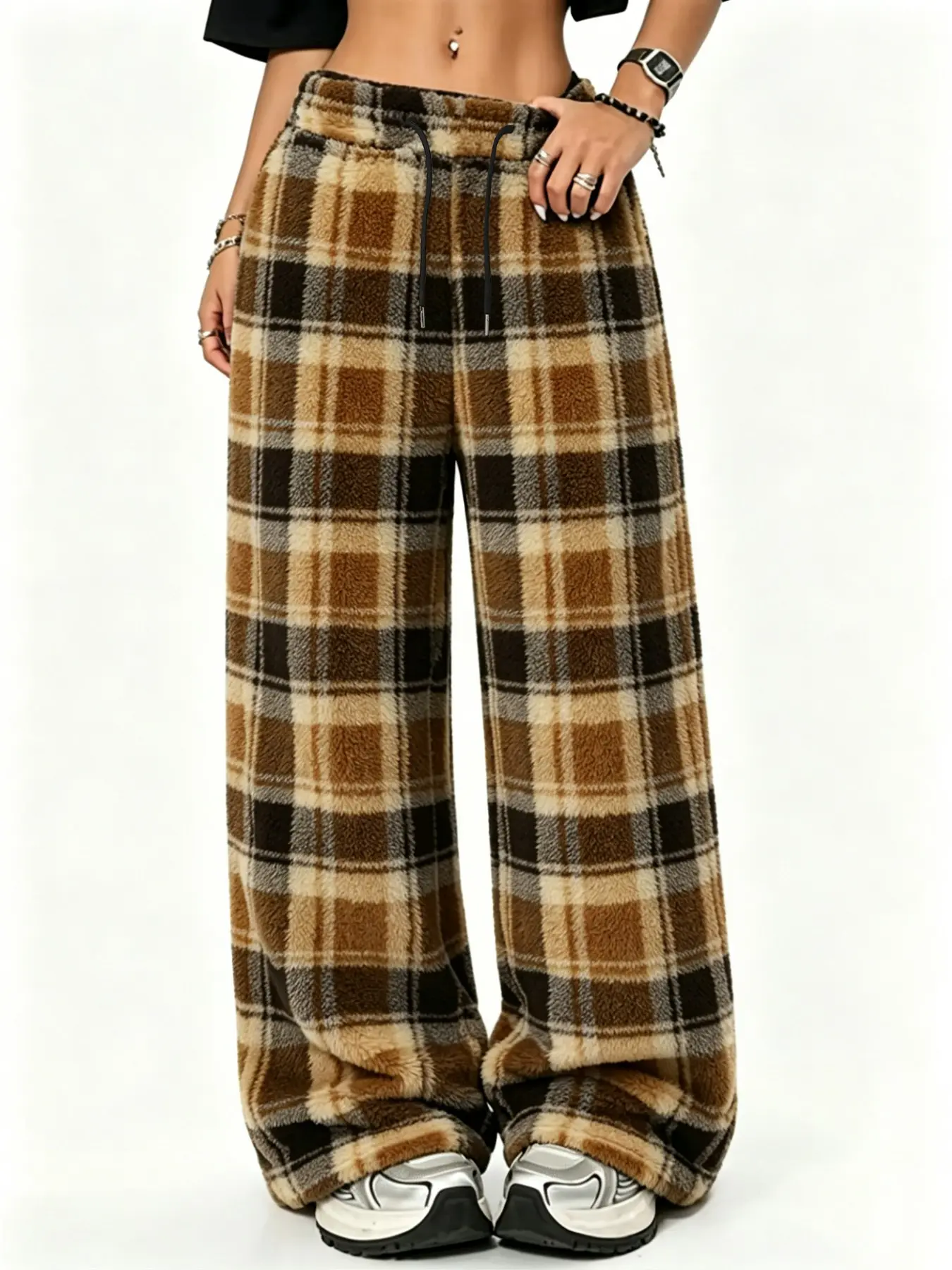 Women's Plaid Fuzzy Wide Leg Baggy Pants, Drawstring High Waist Thick Warm Home Lounge Pants, Comfortable Casual Pants for All Seasons