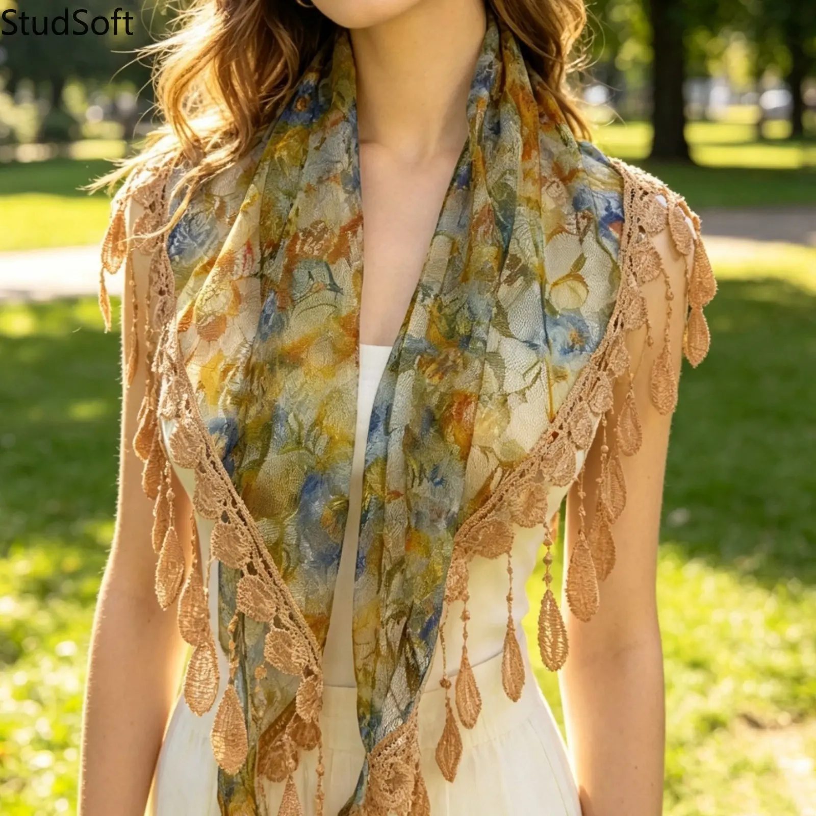 Women's Vintage Floral Print Hip Scarf - Boho Wrap, Crochet Lace Belt, Fringe Tassels, Triangle Shape Layered Scarf for Dance Sports & Outdoor Outfits, Daily Dance, Female Wear, Women's Clothes, Daily Wear
