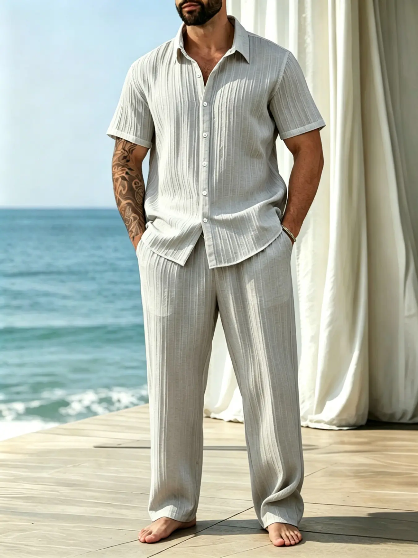 Large Size Men's Textured Shirt and Straight Leg Pants Set, Casual Two-Piece Menswear, Comfortable and Stylish Clothing for Everyday Wear