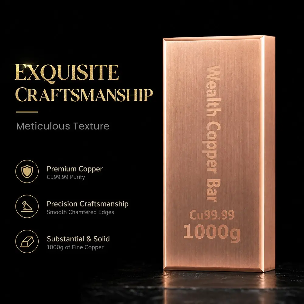 1000g Pure Copper Bar, 99.9% Investment Copper Strip, Solid Copper Block, Collectible Copper Plate, High Purity T2, Anti-Oxidation Desktop Decor
