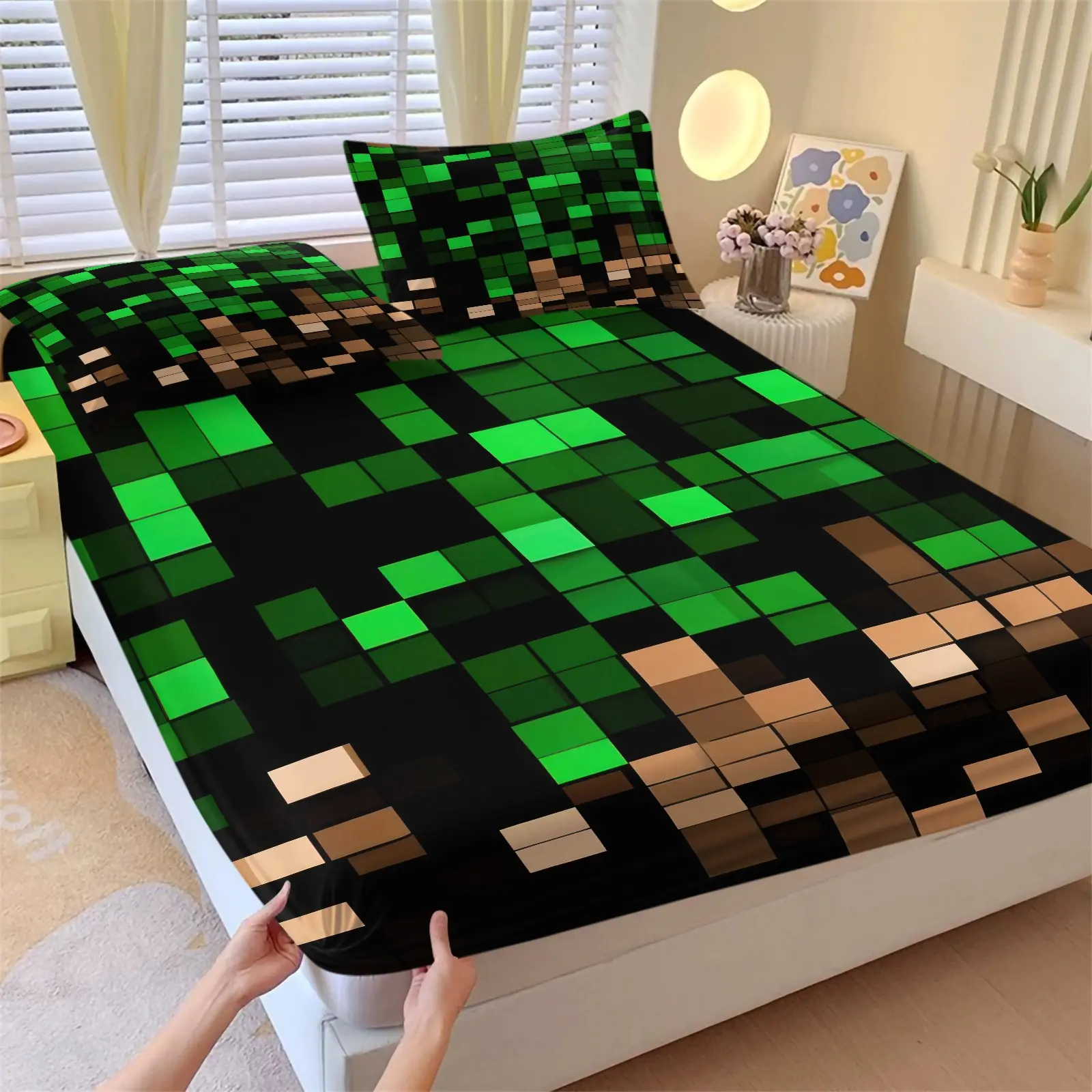 Creeper Green Pixel Block Print Fitted Sheets Set 3-Piece - High Elastic Soft Microfiber Deep Pocket Mattress Protector - Game Style Bedding Perfect for Game Players and Teens Boys Bedroom Dorm Decor