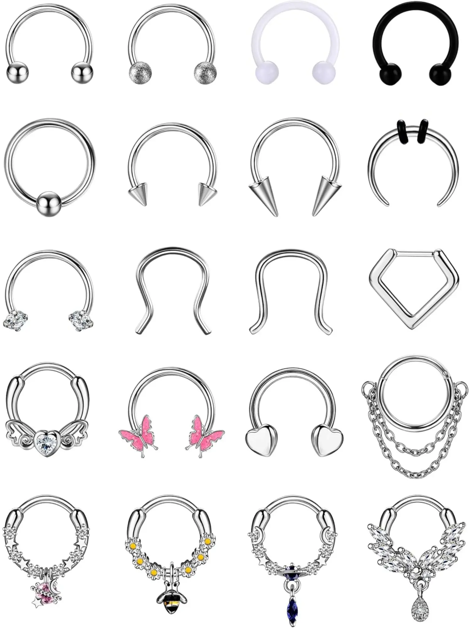 20Pcs Sliver Septum Rings 16G Small Septum Jewelry Surgical Steel Septum Clicker Dangle Nose Rings Hoops for Women Men Cute Star Bee CZ Heart Butterfly Chain Septum Rings Septum Piercing Jewelry