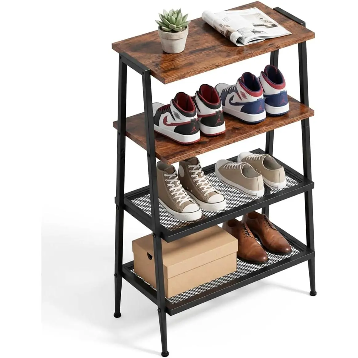 4-Tier Heavy-Duty A-Shape Shoe Rack with Synthetic Mesh Shelves, Wooden Top, Modern Wide Base, Easy Setup, Space-Saving for Entryway, Bedroom (25.28" H, Holds 8 Pairs, Rustic Brown)