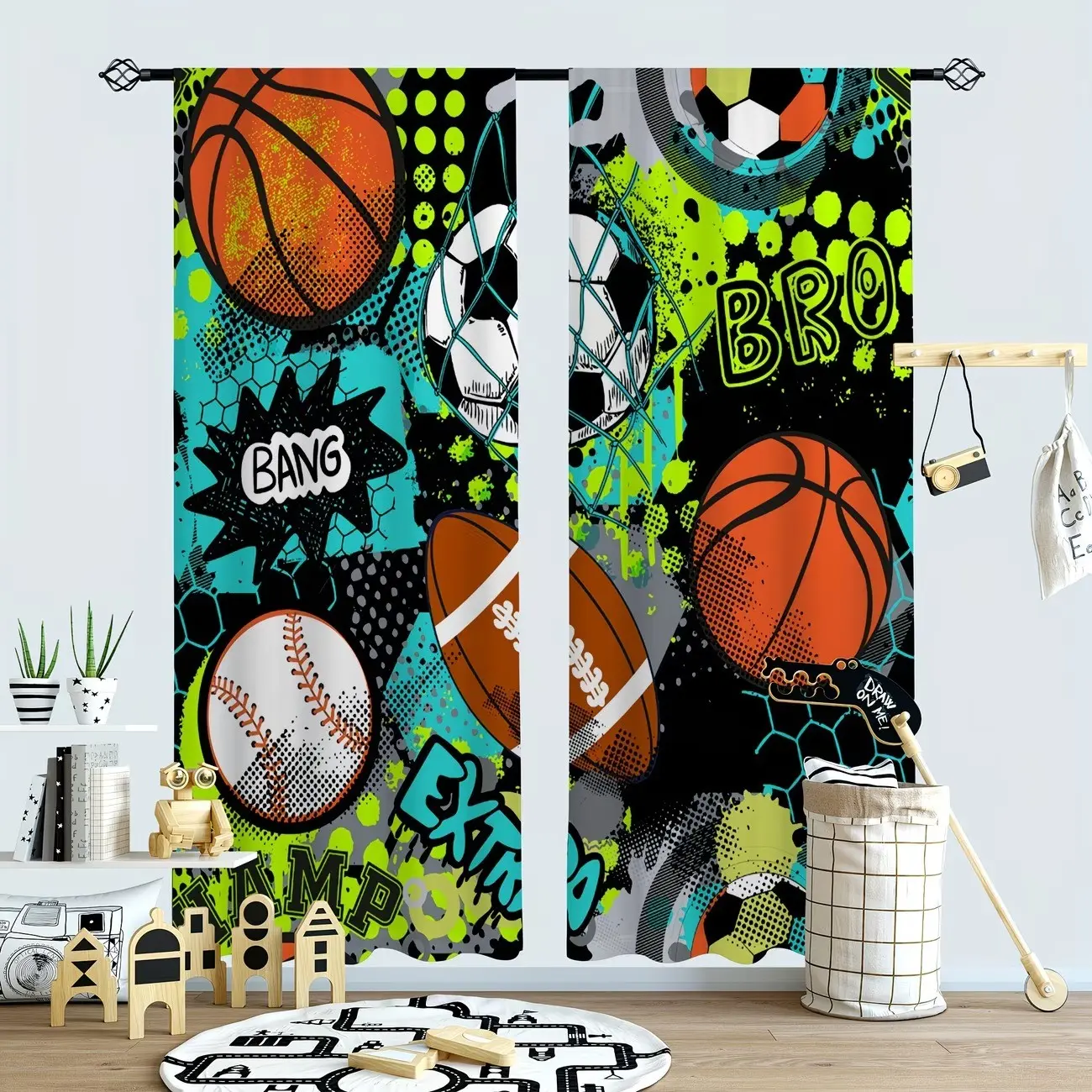 2-Pack Graffiti Ball Semi-Sheer Curtains, Teen Bedroom Decor, Multi-Size Drapes for Living Room, Study, Game Room, Home Daily Use