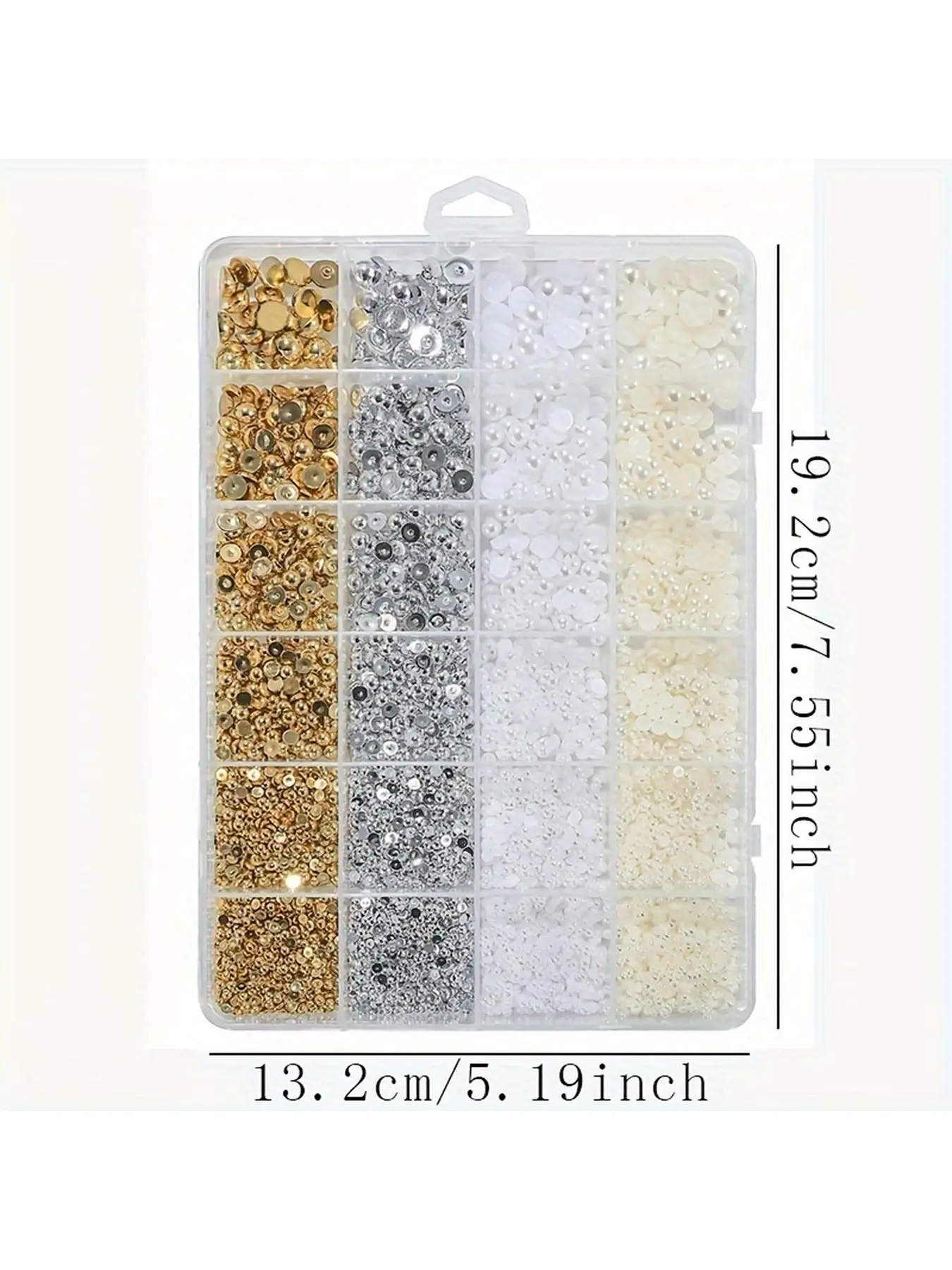 Gold silver flat bottomed semi-circular nail patch, containing 2-8mm off white beads, paired with diamond tipped tweezers, suitable for DIY facial makeup, 4-color semi-circular design