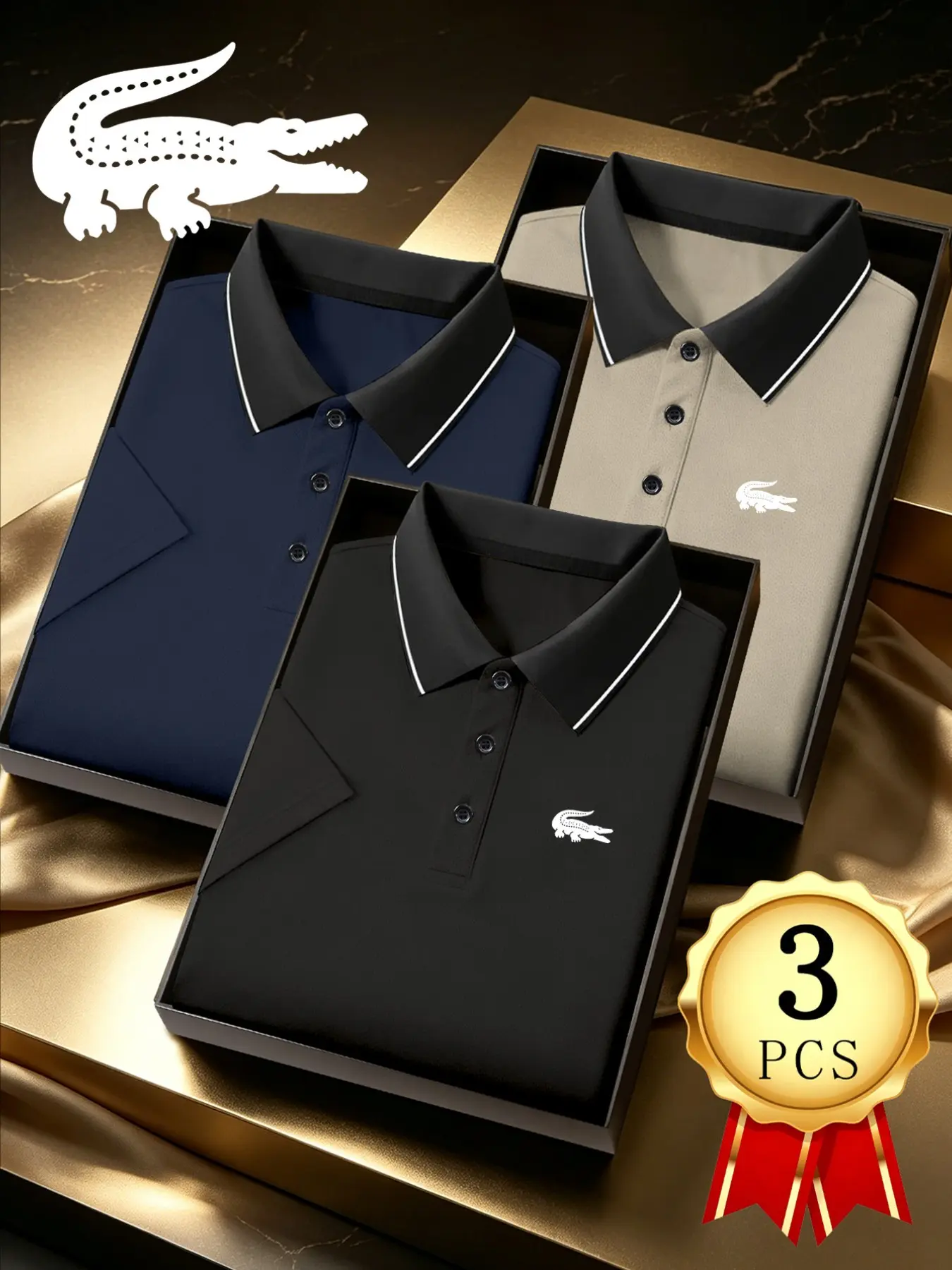 Men's Quick-Dry Polo Shirts Set of 3, Crocodile Pattern Print, Breathable Sporty Style, Lightweight Durable Fabric, All-Season Wear