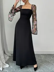 Long Women's Dress, Square Neck Embroidered Mesh Patchwork Floor-Length Gown, Perfect for Evening Parties and Dates