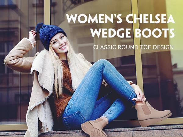 Women's Chelsea Wedge Boots Elastic Platform Lug Sole Slip on Wedge Ankle Booties