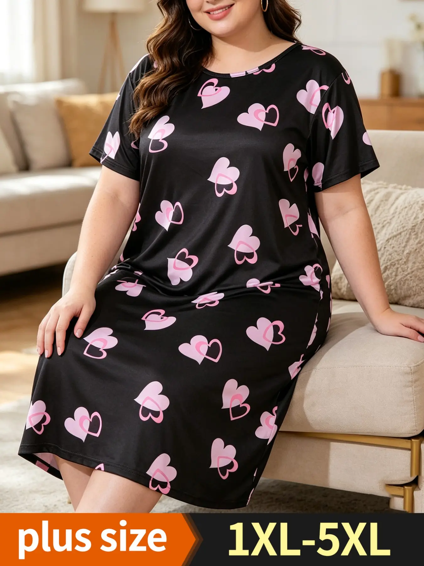 Women's Plus Size Heart skirt Heart Print Sleep Dress, Casual Comfort Round Neck Short Sleeve Pajama, Summer Sleepwear, Home Wear and Loungewear, Maternity nightgown, Maternity dress, Plus Size nightgown, Mother'Day Gift