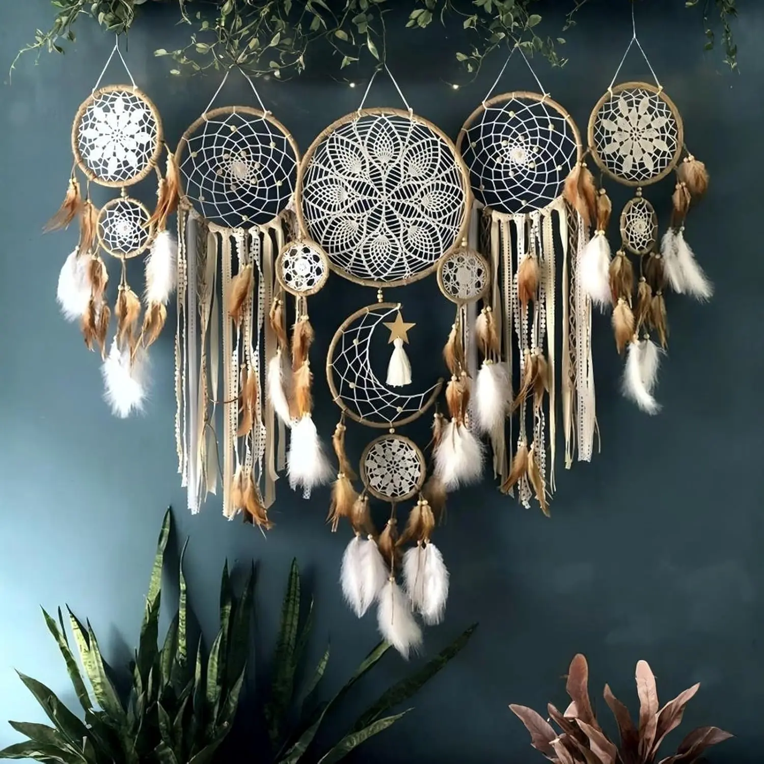 Dream Catcher Wall Decor,Large Boho Dream Catcher with Luxurious Feathers & Beads, Handmade Wall Hanging for Bedroom,Living Room, Gift Ready for Girls & Adults (Camel)