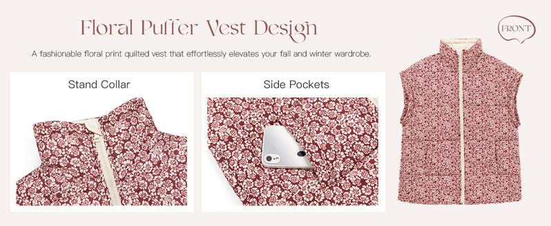 Imily Bela Womens Floral Oversized Puffer Vest Cap Sleeve Winter Warm Puffy lightweight Jackets Coat