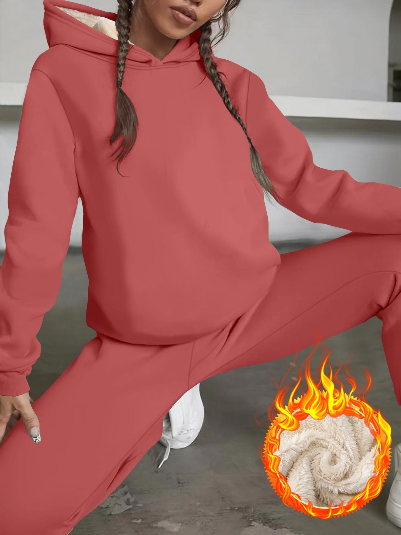 Women's Casual Hooded Pullover Sweatshirt Set, Thick Fleece Lined, Loose-Fit Jogger Pants, Fall & Winter, Two-Piece Tracksuit
