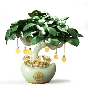 13.8" Large Artificial Chinese Money Tree - Feng Shui Wealth Home Office Decor with Synthetic Jade Base, Golden Fortune Cat, Yuanbao Flower Pot, Coin Pendant