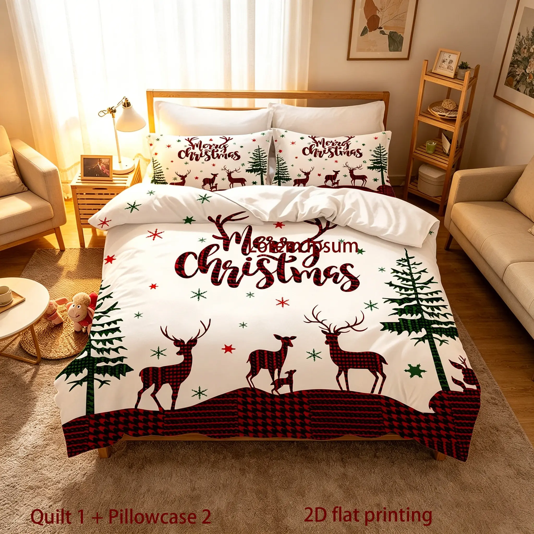 Merry Christmas festive bedding set, including 3 pieces: 1 quilt and 2 pillowcases (pillow cores not included), featuring a checkered reindeer print design