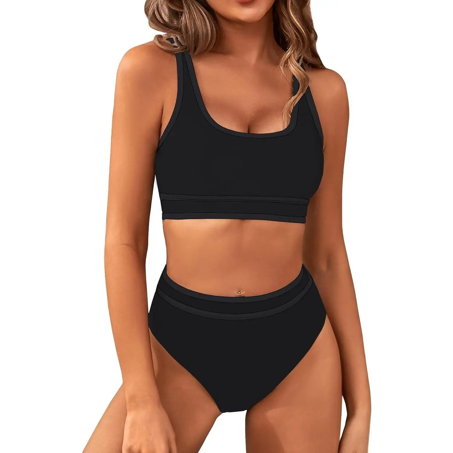Womens High Waisted Bikini Sets Sporty Two Piece Color Block Swimsuits Modest Bathing Suit with Tummy Control Full Coverage Adjustable Straps Removable Padded Comfortable FitGift