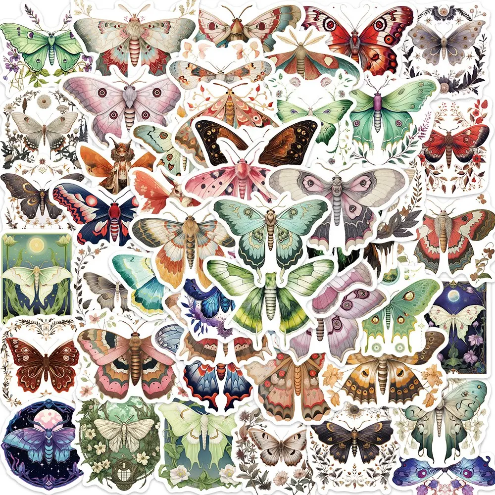 50 Colorful Moth Stickers, Personalized Decor for Guitar Notebook Luggage, DIY Waterproof Sticker Set, Creative Craft Supplies
