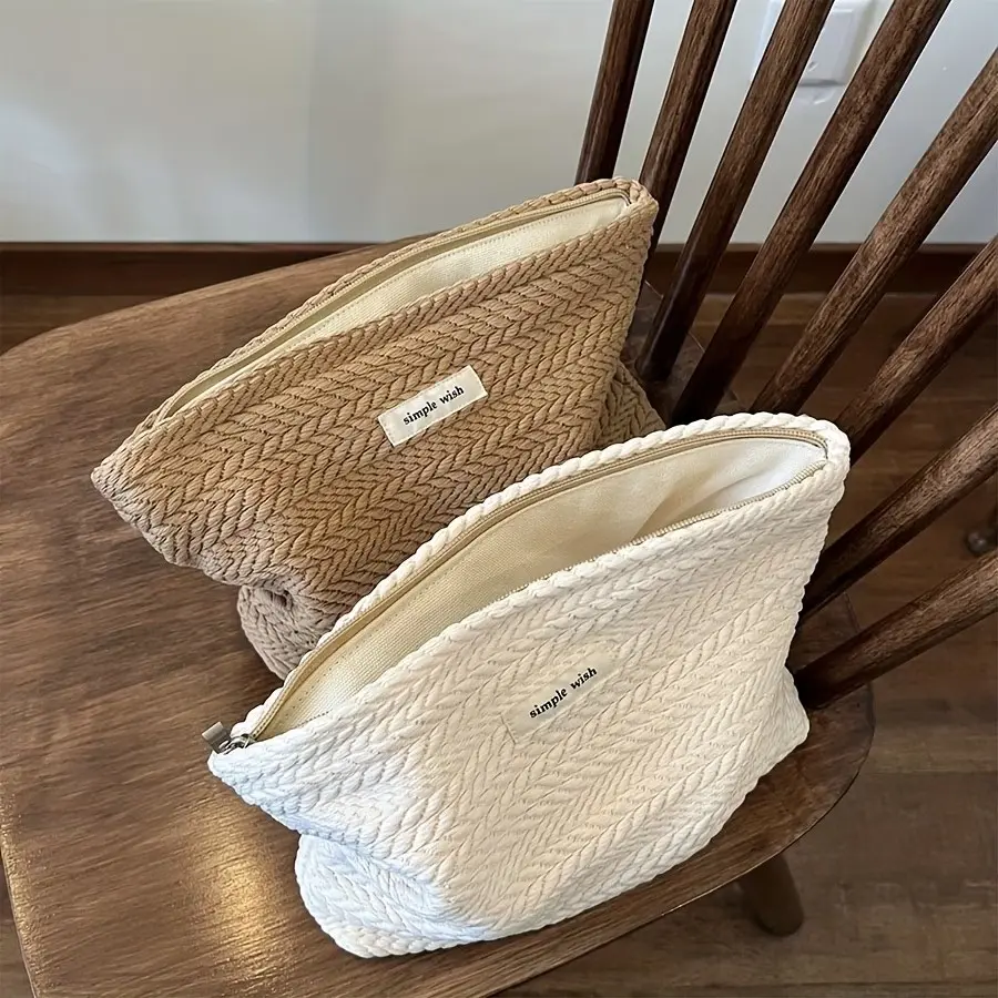 1pc Rice Ear Pattern Woven Fabric Handbag, Elegant Makeup Bag, Literary High-End Style, Zipper Square Bag, Fashionable Carry Bag