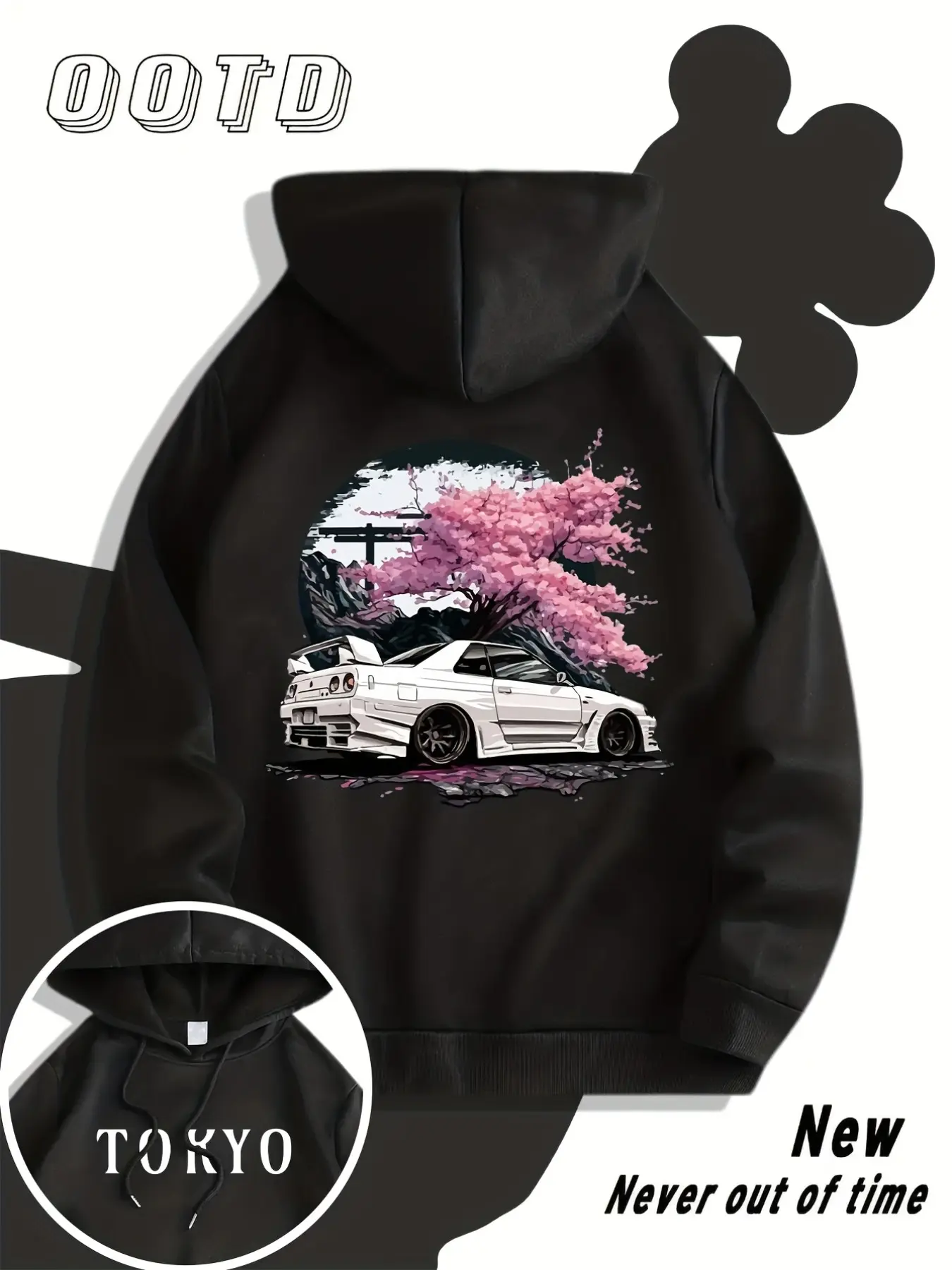 Men's Fall Winter Trendy Print Casual Full Color Hoodie, Cherry Blossom Racing Print, Fleece Lined, Kangaroo Pocket, Drawstring Design