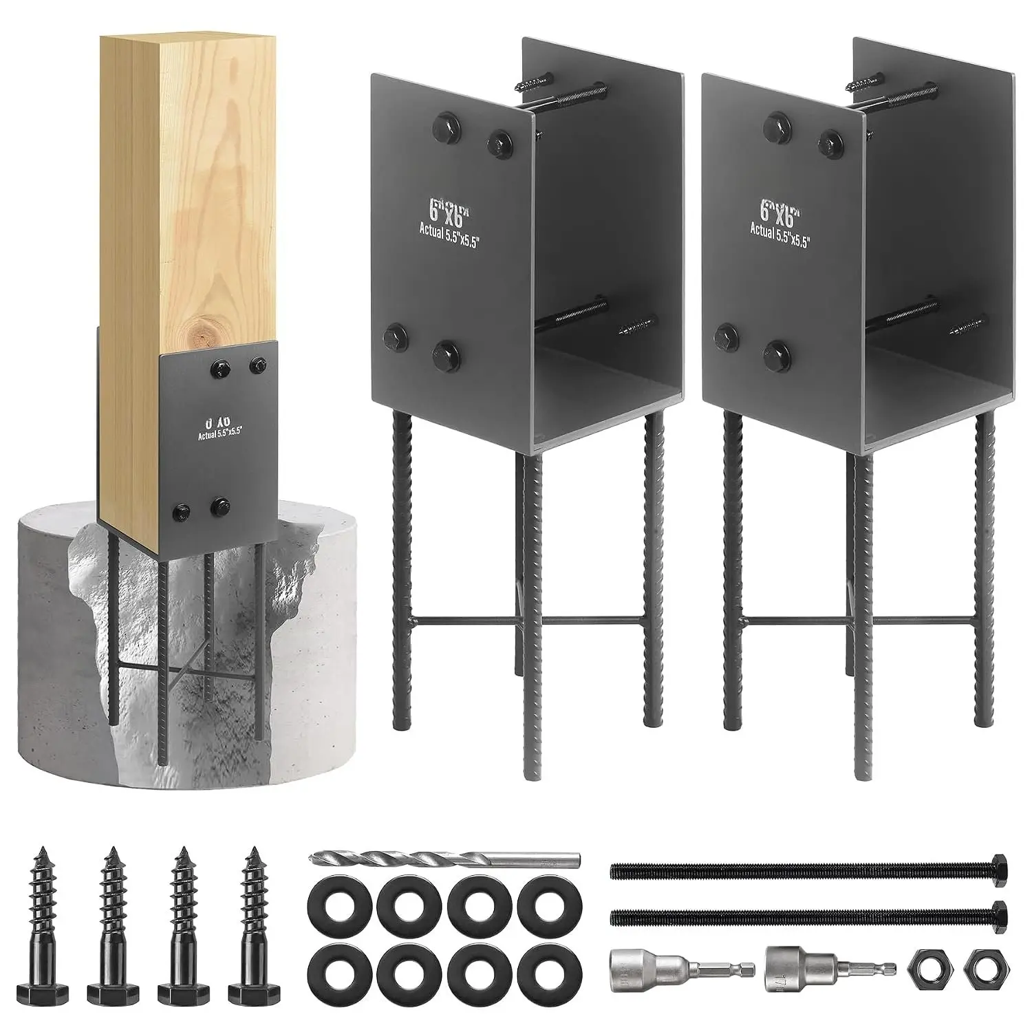 6"x6" (Actually 5.5"x5.5")  Base, Heavy Duty U-Shaped Fence  Holder Bracket, Wet Concrete  Bracket, for Deck railings, Fences, gazebos Wet Concrete  Anchor (Dark Gray-2Pack)