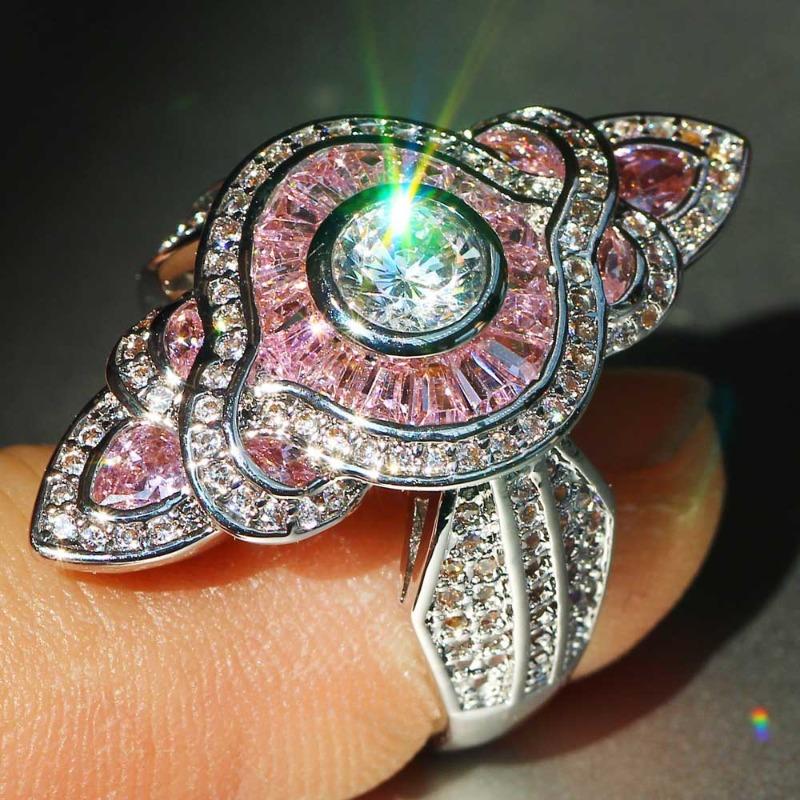 Sparkling Luxury Pink Zircon Channel Set Couple Rings, Promise Rings for Wedding Engagement Eternity, Romantic Anniversary & Birthstone Jewelry Gifts for Men and Women