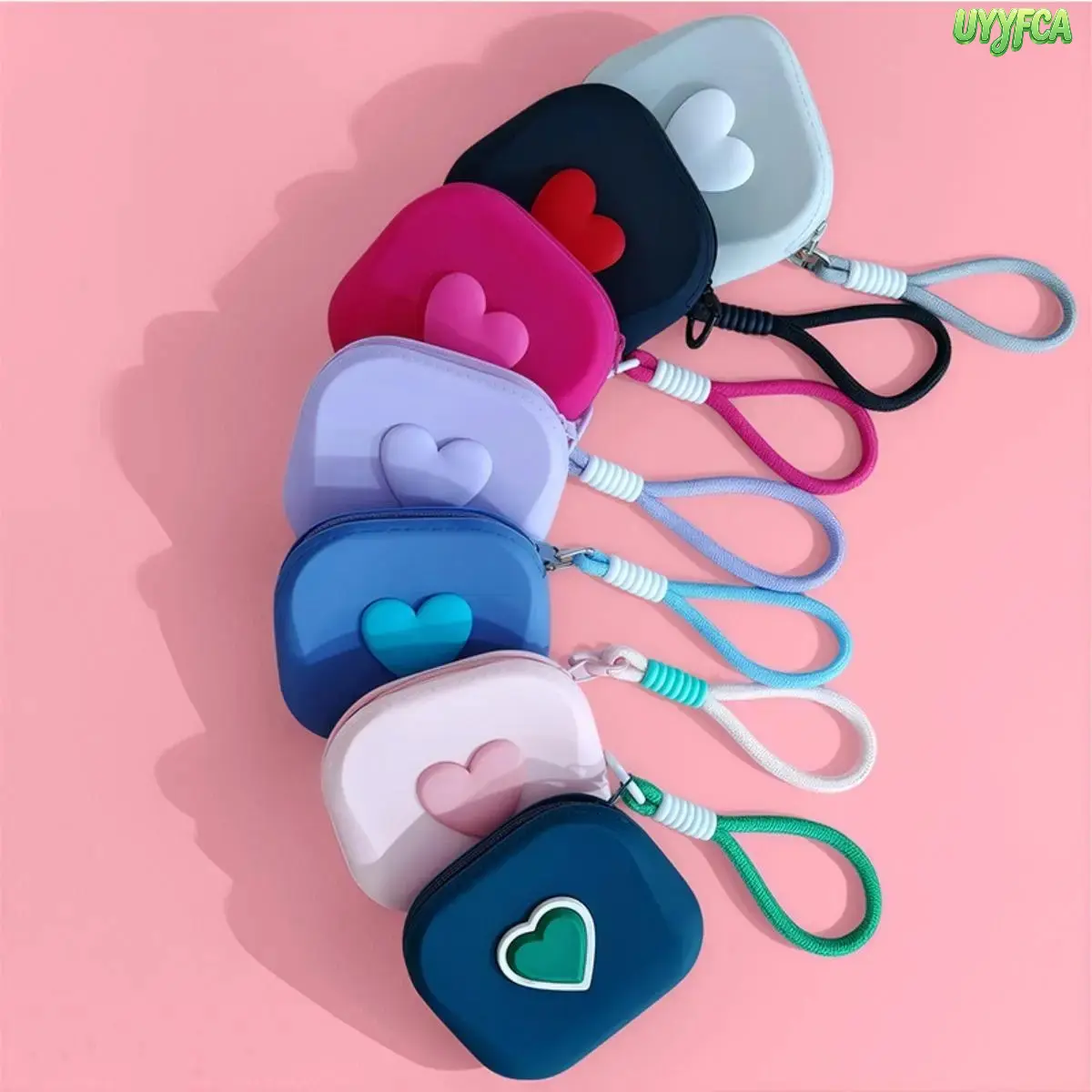 Cute Heart Square Silicone Mini Pouch With Hand Strap, Portable Multifunctional Storage Case For Wireless Earbuds, Coins, Keys And Cards, Compact Daily Carry Accessory For Travel And Back‑To‑School Use,BackToSchool