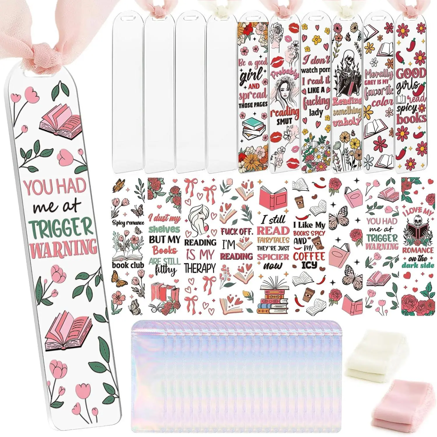 Dark Romance  Bookmarks - 45 count Funny  Bookmark Blanks Double-Sided Clear UV DTF Transfer Stickers Bookmark Making Kit Yellow  Ribbon for Book Lovers Women DIY Crafts