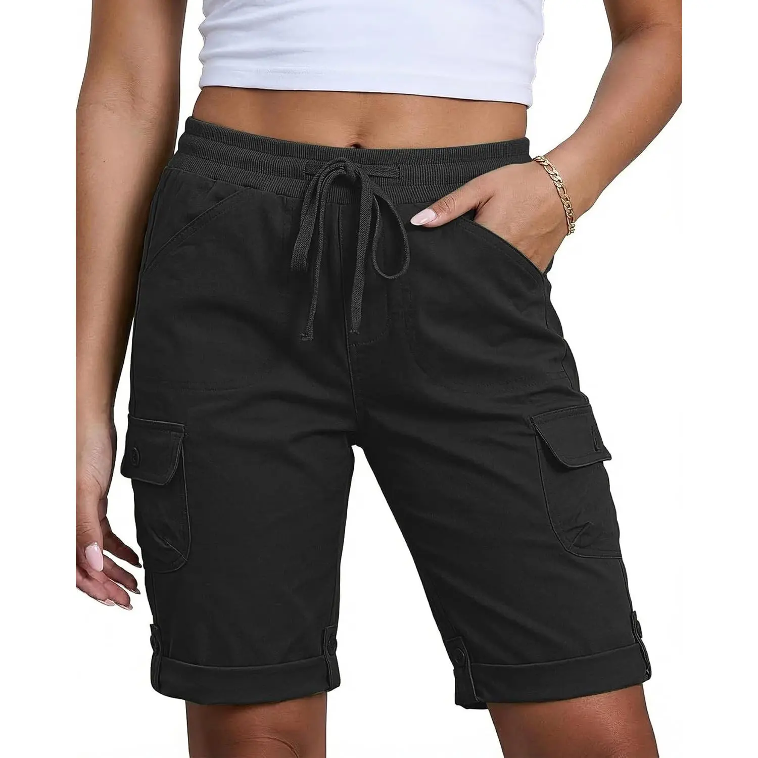 Ladies' Cotton Bermuda Shorts - High-Rise, Knee-Length, Pull-On Elastic Waist with Drawstring, Fold Hem, Casual Summer Chino Cargo Bottoms That Fits Daily Wear, Blouse, Pockets, Simple, Tank Top