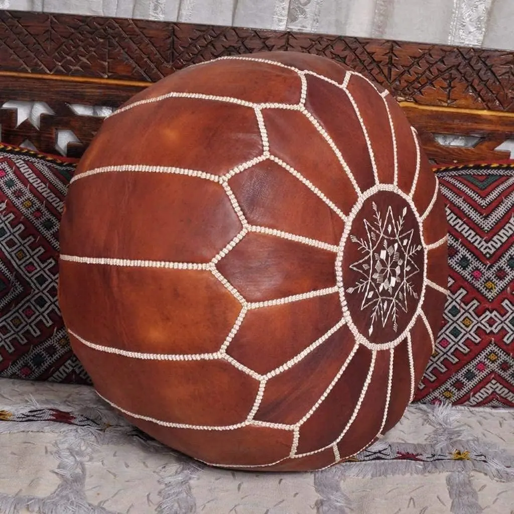 Premium Moroccan Leather Ottoman Pouf Cover, Ottoman Footstool Hassock 100% Real Natural Leather Pouffe, Ideal Home & Wedding Gifts, Foot Stool (Dark Brown)