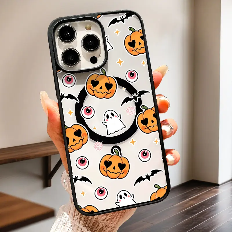 Soft TPU Macaron Magnetic Clasp Phone Case, Cute Pumpkin Ghost Eyeball Pattern, Kawaii Autumn Vibe, Compatible with iPhone 17, 16, 15, 14, 13, 12, 11 Series & Pro Max Models, Unique Seasonal Gift