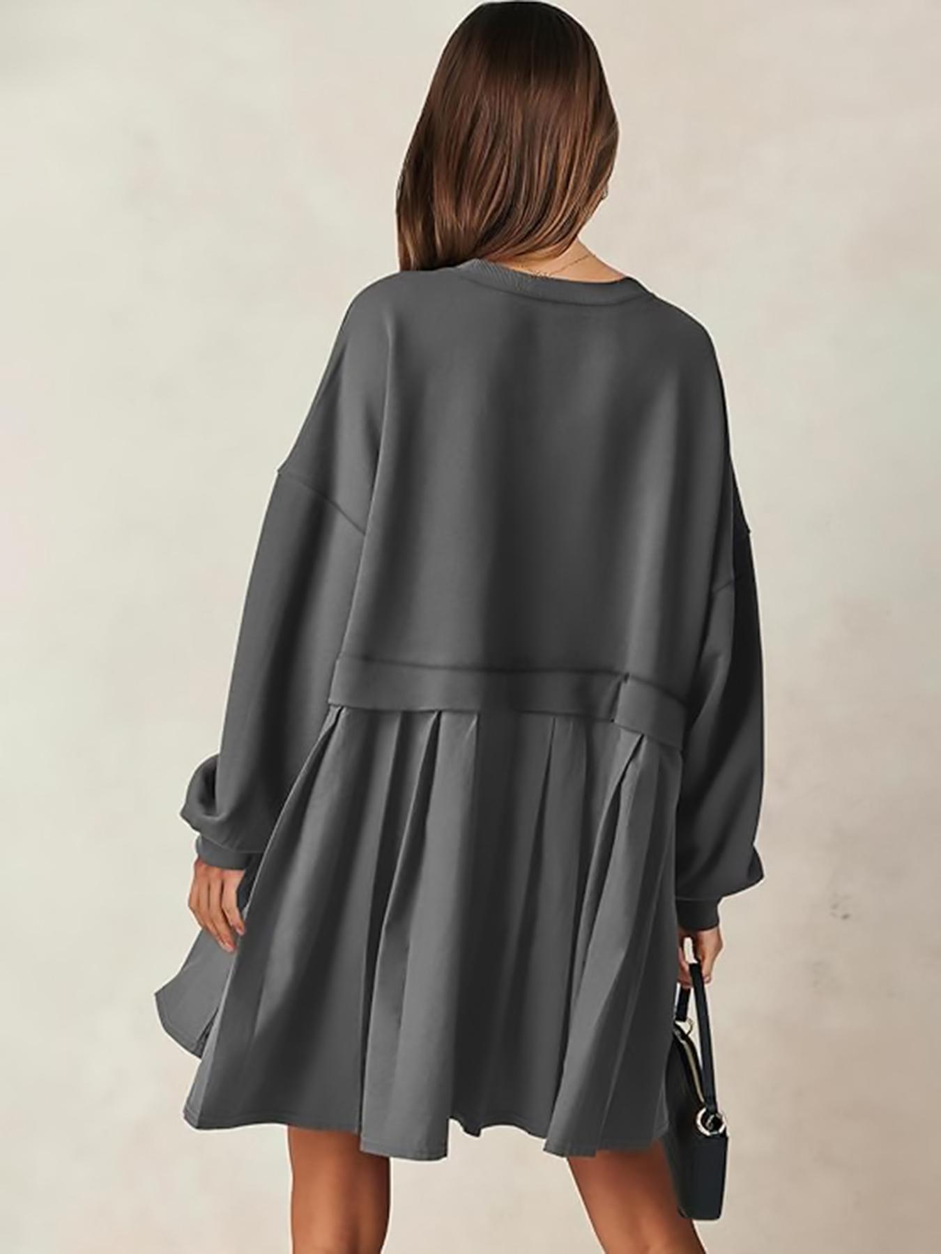 【Plus Size】 Solid Color 2 in 1 Smock Dress, Casual Basic Drop Shoulder Long Sleeve Fitted Short Dress for Fall & Winter, Women's Clothes for Daily Wear, Womenswear