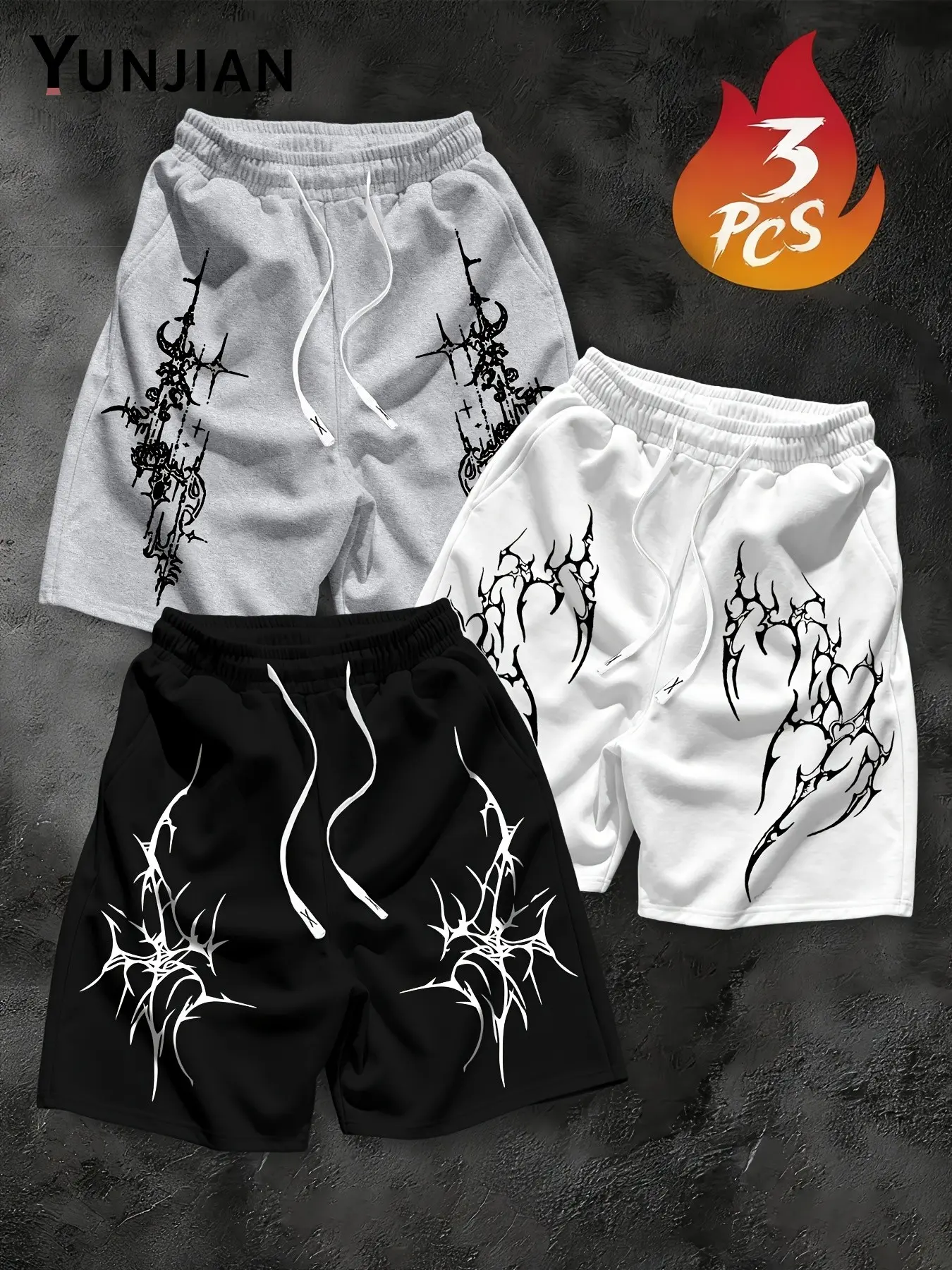 Men's 3-Piece Set Hemp Gothic Thorns Print Casual Shorts, Drawstring Side Pockets Breathable Streetwear, Summer Daily Wear