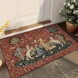 Washable and Soft Velvet, Medieval tapestry, allegorical scene, lady, lion, unicorn, floral pattern, Suitable for living rooms, bedrooms, dining rooms, furniture decoration aesthetics, anti-slip rubber back