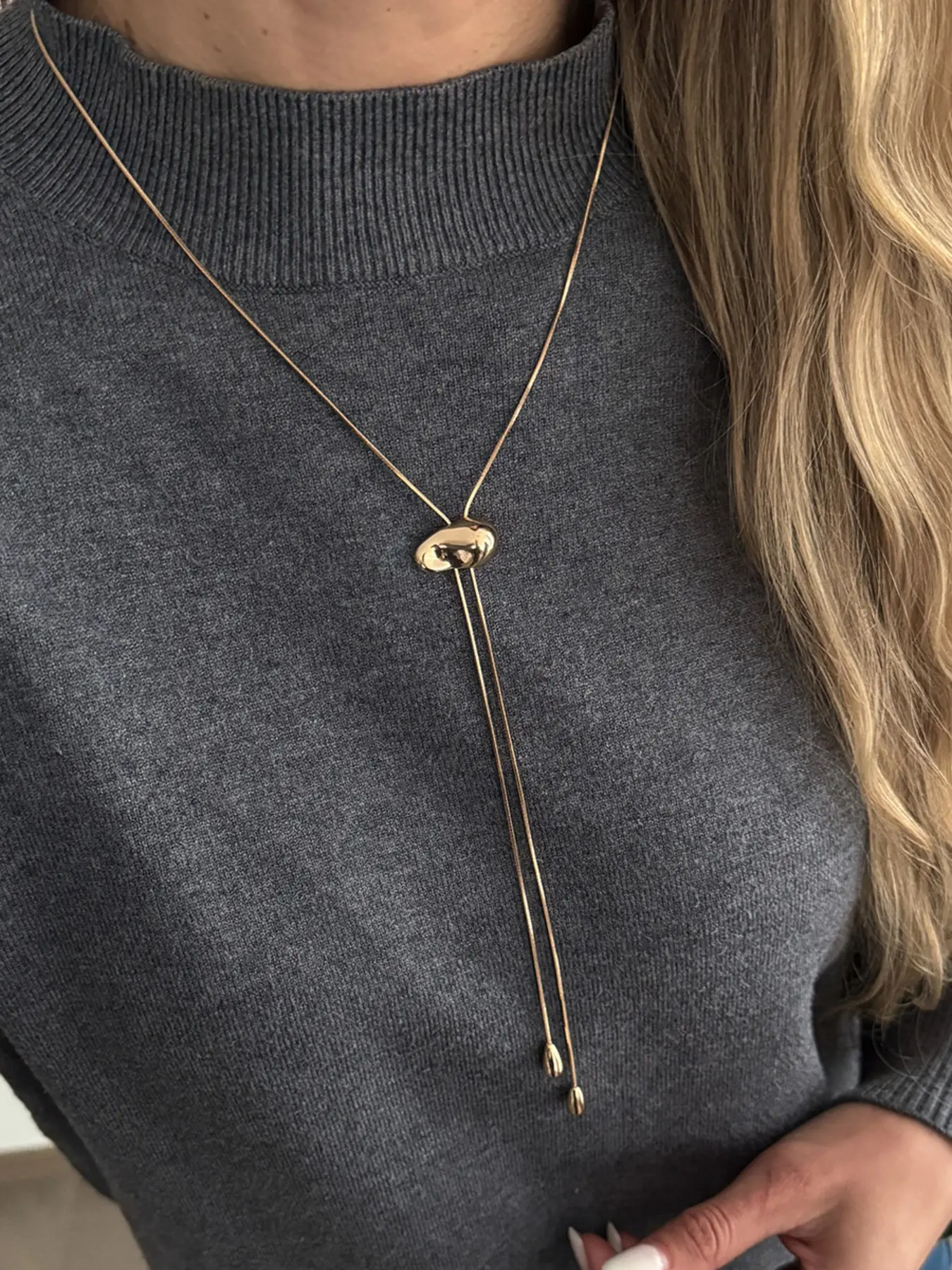 Simple Stainless Steel Bean Pendant Necklace for Women, Adjustable Drawstring Chain, Fashionable Retro Style, All Seasons Jewelry