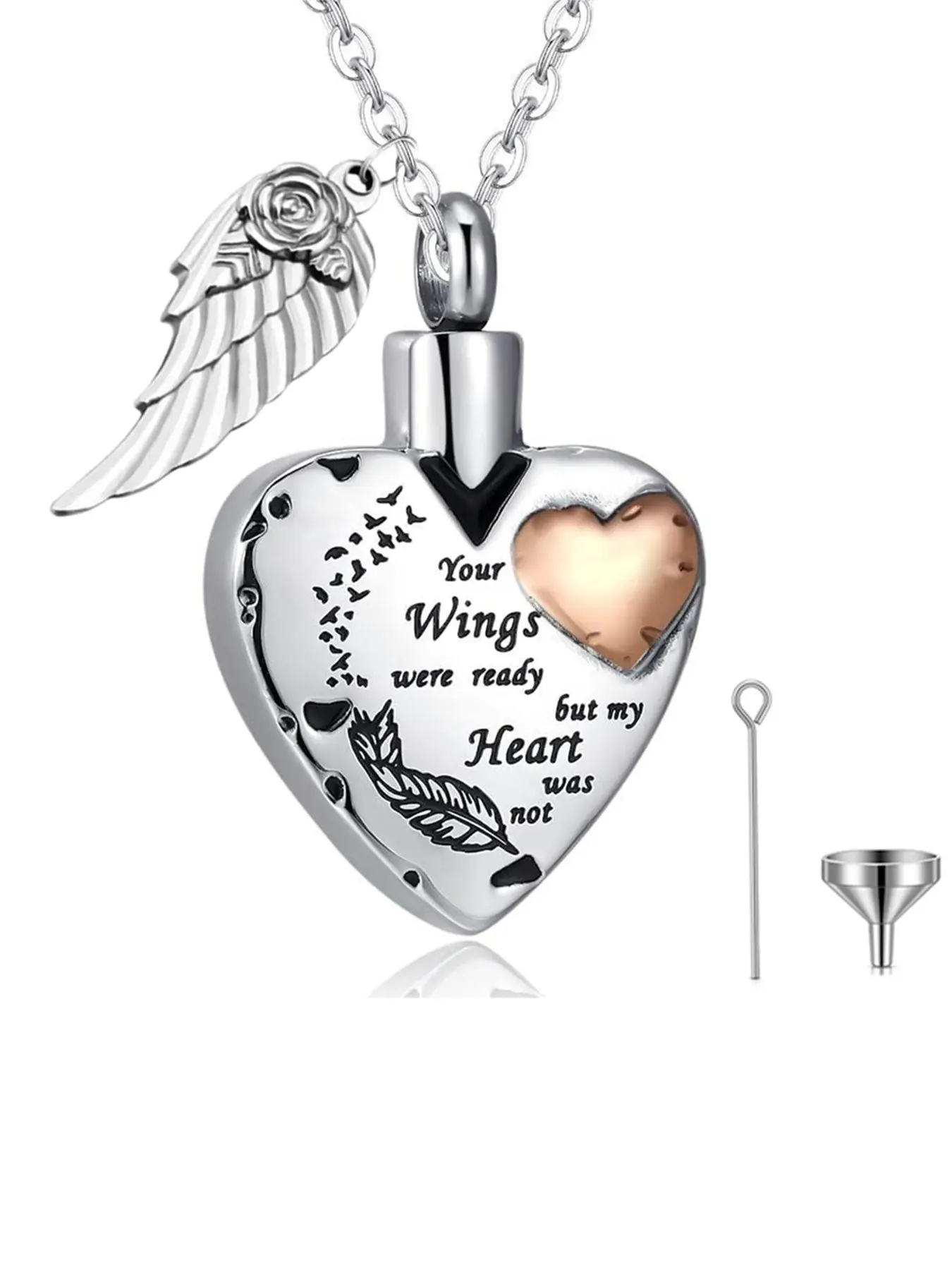 1 Pcs Heart Cremation Necklace for Ashes Cremation Jewelry with Angle Wings Urn Necklace for Ashes-Your Wings were Ready but My Heart was Not