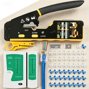 Network Ethernet Crimper Kit - Pass Through RJ45 Connectors, Wire Stripper & Cutter, All-in-One Tool for Cat5 Cat5e Cat6, 6P RJ11 RJ12 Telephone, Reusable Crimp Tool Set