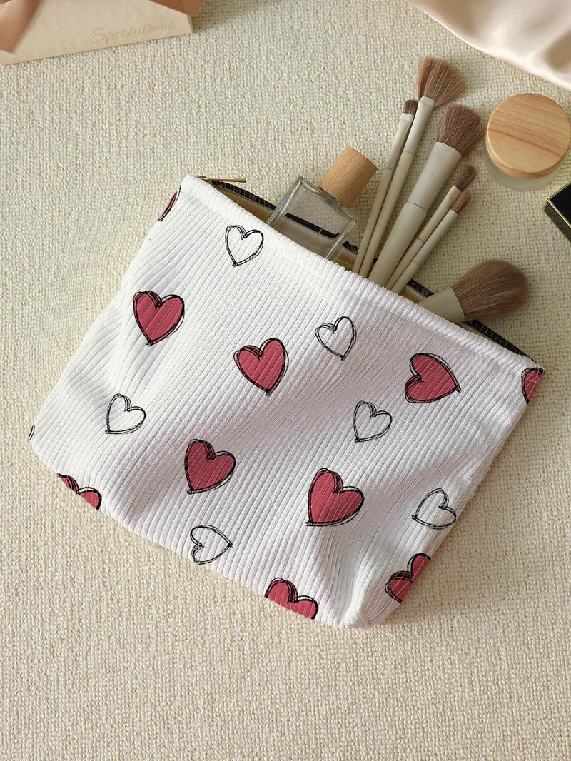 Cute Heart Pattern Makeup Bag, Multifunctional Large Capacity Cosmetic Storage Bag, Cosmetic Pouch, Makeup Organizer Pouch, Casual Versatile Zipper Corduroy Makeup Bag for Travel & Daily Use, Valentine's Day, Gift