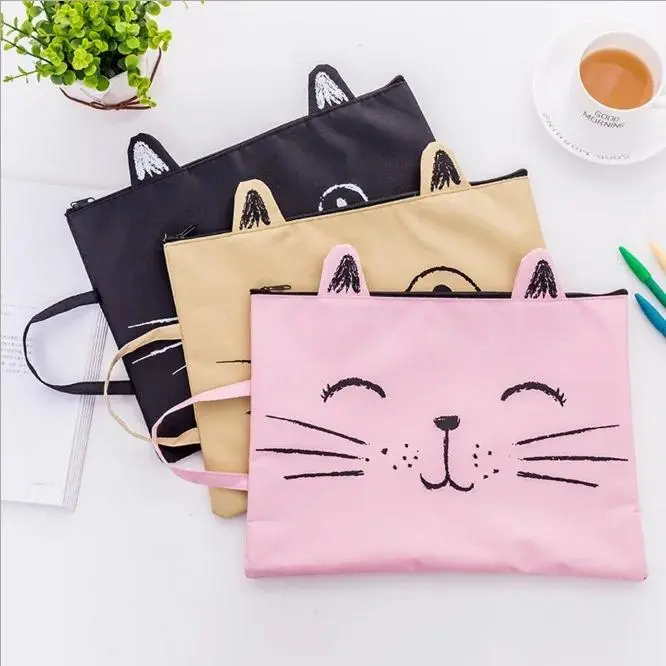1PC Cute Design Kawaii Kitty Cat Zipper Fabric File Folder - Insert Document Storage Organizer for Students, Home Supplies, Office Stationery, One Piece, Kawaii Design