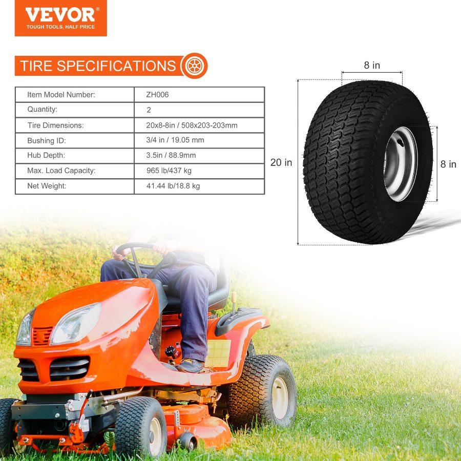 VEVOR Lawn Mower Tires with Rim, 20x8-8 Tubeless Tractor Tires, 2-Pack Tire and Wheel Assembly, S-Turf Pneumatic Tires with 3.5 Offset Hub and 3/4 Bushing Size, for Riding Mowers Lawn Tractors