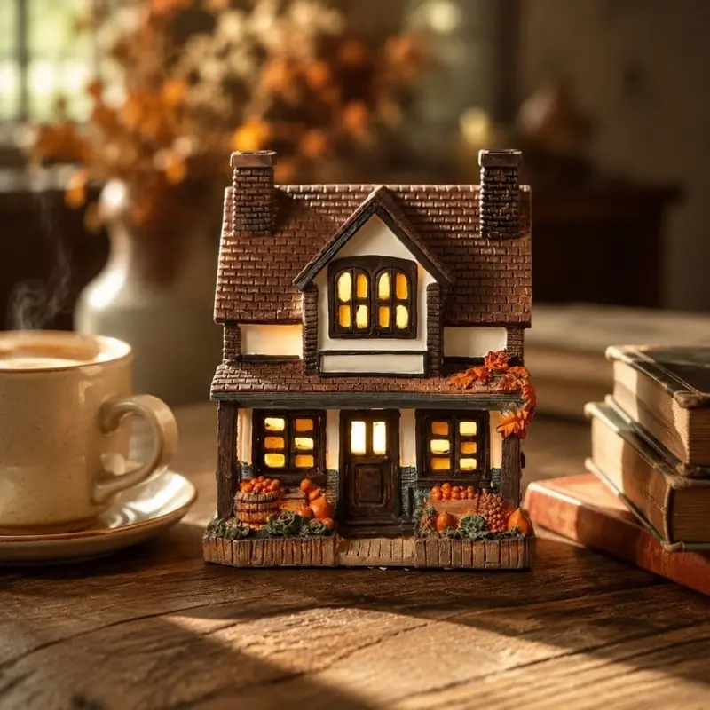 Autumn tabletop house decor, pumpkin cottage design, resin Halloween ornament, ideal for fireplace mantel and shelf display, Halloween house decoration, non-electric